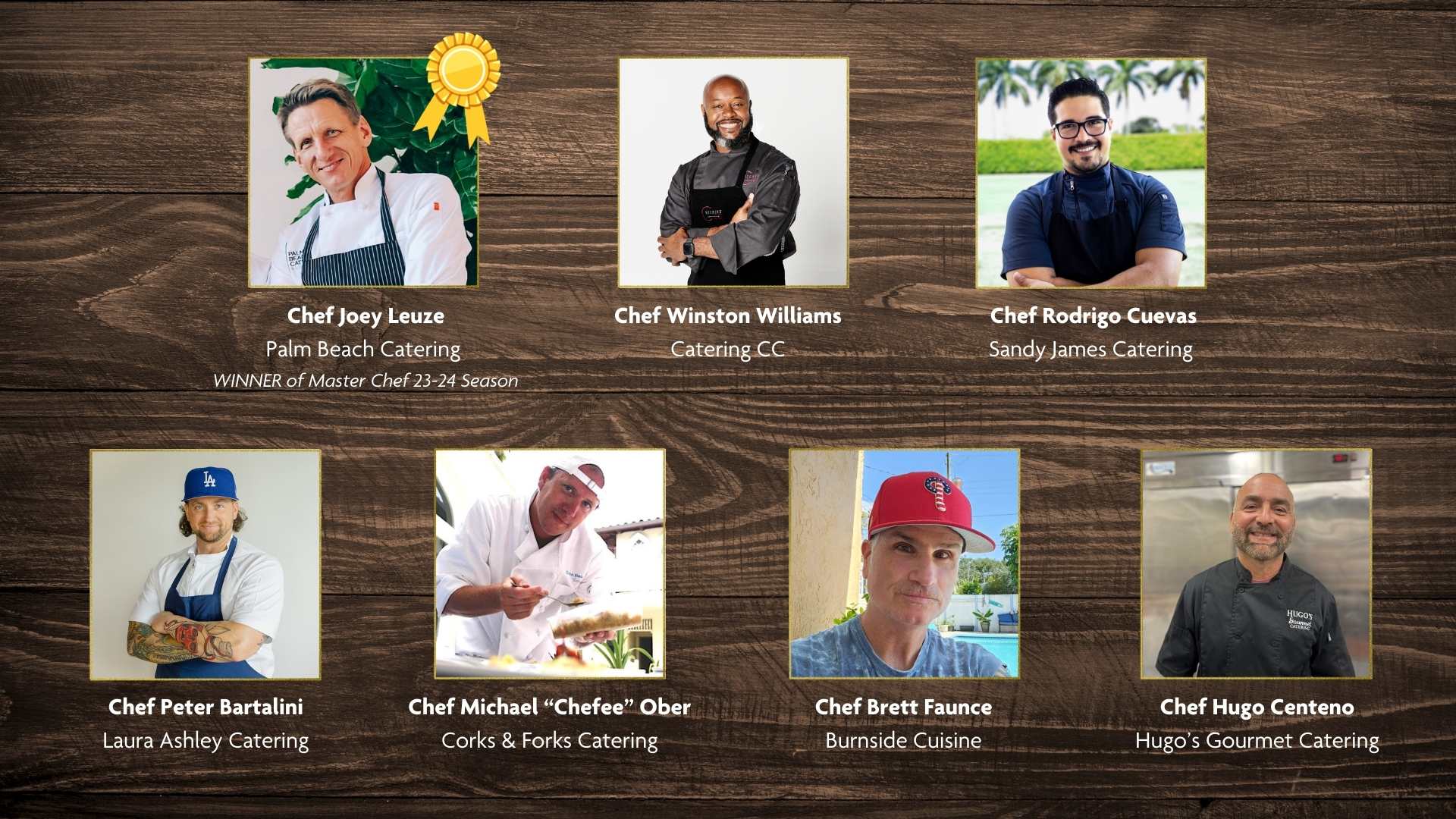 Photos of the 7 competing caterer-chefs in the West Palm Beach GreenMarket October 12 Master Chef Showcase competition